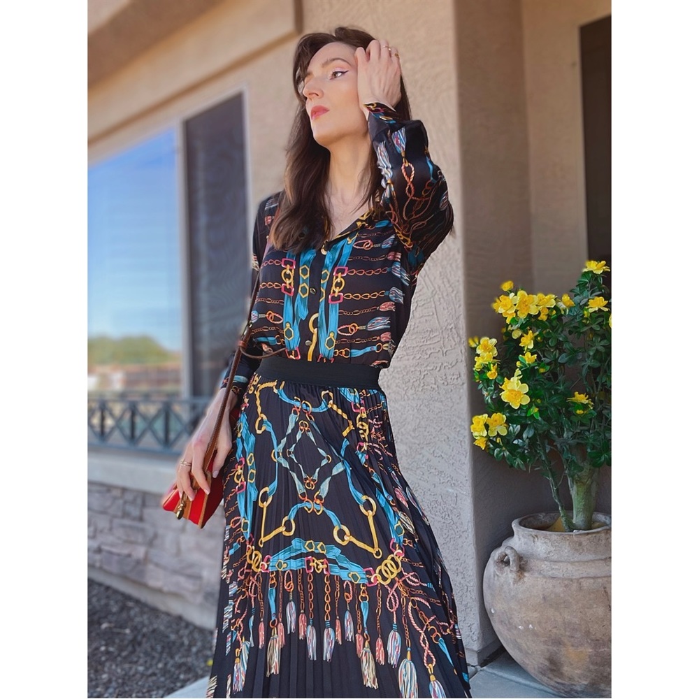 ZARA BLOGGER FAVE Black & Blue Chain Scarf Printed Long Tunic Blouse Top XS - Picture 15 of 17